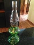 Depression Era large oil lamp green glass. WORKS!