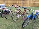 Vintage Shelby Flyer, Vintage Schwinn, Vintage All Pro, and a newer child's Huffy
