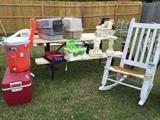 Picnic table, pet carriers, statuary, rocking chair with cowhide seat