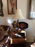 Vintage side lamp table, items from Russia, toile trays