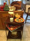 Vintage metal cart, pottery