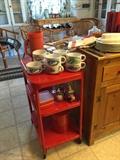 Vintage red metal cart, pottery
