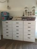 Three separate chest of drawers, display piece, linens