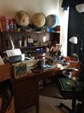 Vintage desk, lunch box, globes, typewriter, great office items