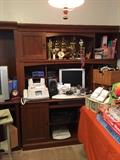 Cherry computer desk, computer equipment, fax, scanner, trophies, ship
