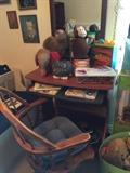 Computer desk, vintage toys, wood desk chair