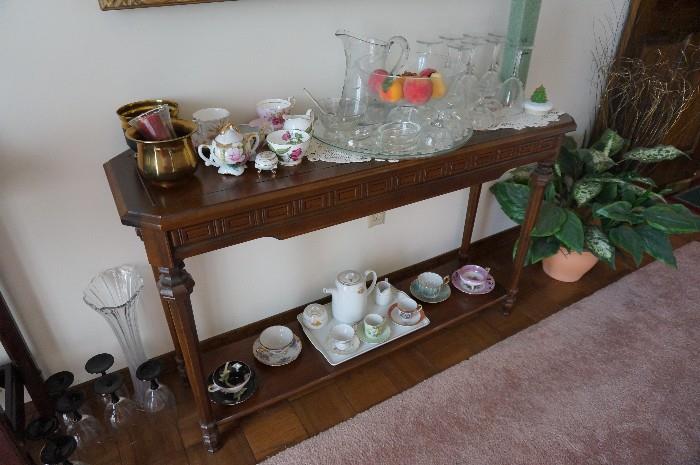 sofa table, glassware, tea cup collection