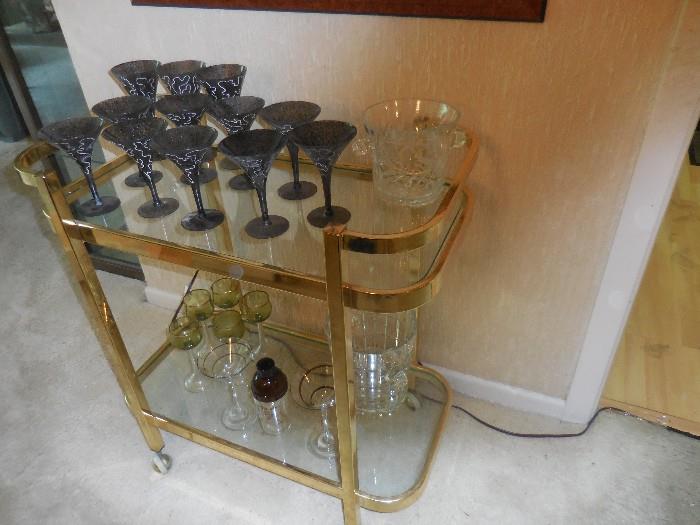 Gold Tone Glass Two tier Serve Cart