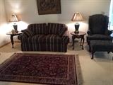 loveseat, upholstered chair w/ottoman, side table, lamps, area rug