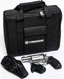 Lot #11, Gun Taurus Judge in 45 LC/410 GA Dbl Act Revolver
Taurus Model Judge in 45 LC/410 GA Double Action Revolver (EEC) features matte stainless steel finish, ribbed rubber grip, 5 shot cylinder chambered for either 45 LC or 410 Ga., 3” barrel, red fiber optic front and fixed rear sights. Condition grades at 95%. Used in nylon zip-case with spare ribbed rubber grip, hard plastic belt holster, and papers.  Tag Word: Firearm, Camping, Hiking, 45LC, .45 LC, .45LC, 45 Long Colt, .45 Long Colt, 45Long Colt, .45Long Colt, 410Ga, 410 Gauge