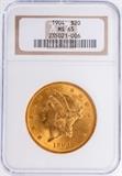 Lot #3, Coin 1904 Liberty $20 Gold Double Eagle MS65
A beautiful slabbed 1904 $20 Gold Double Eagle (Motto above Eagle variety) coin is 0.04837 troy ounces of 90% Gold, 10% Copper, Philadelphia minted of 6,256,699; and graded by NGC in "Mint State 65" condition. From the internet: "Born out of the California gold rush, the gold $20 Liberty Eagle coin is by far the largest circulating gold coin in American history. Since the U.S. Treasury was receiving so much gold from the frontier, they needed to mint larger coins to use the metals they had on hand, which Congress authorized in 1849." No Sales Tax on Coins, Currency, or Bullion.  Tag Words: Numismatics, Coins, Currency, Money, Collectable, Investment, Financial, Retirement