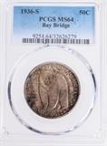 Lot #159, Coin 1936-S SF-Oakland Bay Bridge Half-Dollar MS64
Scarce 1936-S San Francisco – Oakland Bay Bridge Opening Commemorative Half-Dollar is 12.5g of 90% Silver, San Francisco 71,424 minted. This hard to find rare coin is graded by PCGS as “Mint State 64” condition. From the Internet: “Virtually anyone who ever visited the San Francisco Bay Area will either have traveled on or seen the Bay Bridge, connecting San Francisco with Oakland. Bigger, longer and older than it’s more famous orange-red brother the Golden Gate Bridge (which was completed in 1937, a year after the Bay Bridge) the bridge is vital in transporting people from the East Bay to the City. When completed, the Bay Bridge replaced a ferry service across the San Francisco Bay, which had been in use since the 1820s, and cut travel times down tremendously. It should not come as a surprise that the grand opening of the bridge was an event worthy of a big celebration. While most of the celebrations focused on the bridge it