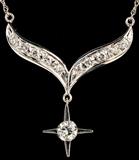 Lot #315, Jewelry 14kt White Gold Diamond Star Necklace
Gorgeous 14kt white gold necklace featuring round diamonds. "V" shaped pendant is accented with 10 round brilliant cut diamonds and star dangle has a larger .35 ct diamond. Approximate total diamond carat weight: .95 pts. Marked "14kt", necklace measures: 16" long. Total weight: 2.8 dwt.   Go to lot #175 to see matching earrings!  Tag words: Jewelry, Fashion, Mother's Day, Shopping, Anniversary, Birthday, Gift, Prom, Formal