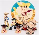Lot #50, Vintage Vegas Vic Salt Pepper Shaker Figures Plate
Vintage Lot Vegas Vic Salt Pepper Shakers, Figures, Plate. Nice mix of Iconic Las Vegas Vic Casinos Cowboy Western collectibles. Includes: - One vintage Las Vegas Vic Nevada "Howdy Podner" ceramic plate. Measures 8.5" wide. - Five Vegas Vic Salt & Pepper Shakers. Three are ceramic, two are painted white metal. The ceramic shakers measure 3.5" tall, one of them the hat comes off. The painted metal shakers hats come off. They measure 2.5" tall. - The two painted ceramic cowboys measure 5.5" tall and 3.5" tall.  Tag Words: Vintage, Casino, Las Vegas, Gambling, Diner, Old West, Cowboys, Ranch, Serving, Restaurants, Dinnerware, Kitchen, IntDes, Tableware, Bar, Lodge, Cabin, Tavern, Saloon