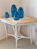 Rattan Accent Table; Handblown Cobalt Glass