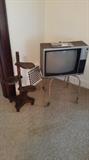 Vintage TV & Stand & Plant stand caddy (left of TV).