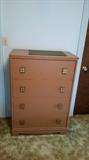 Vintage -5-pc. Bedroom Set - (Full size Bed, Vanity with Mirror and Bench Seat, and 4-Drawer Dresser.)