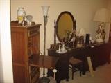 cute antique vanity and bench, drop front secretary desk, gorgeous heavy cast metal art deco floor lamp