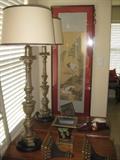 large hand painted framed watercolor on silk and gorgeous lamps
