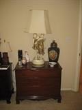 Antique 3 drawer chest with chalkware lamp