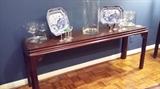 Serving table, blue willow, glassware