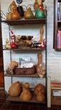 Gourds and supplies for painting them, nice shelf (iron & wicker)
