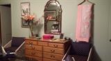 Dresser, ornate mirror with gold frame, handmade Christmas tablecloth (1960's)