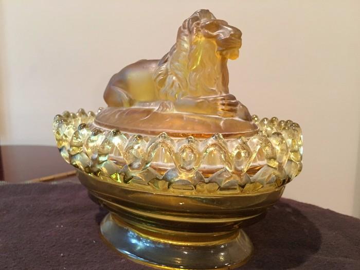 Imperial Carnival Glass Covered Dish - Marigold Lion 