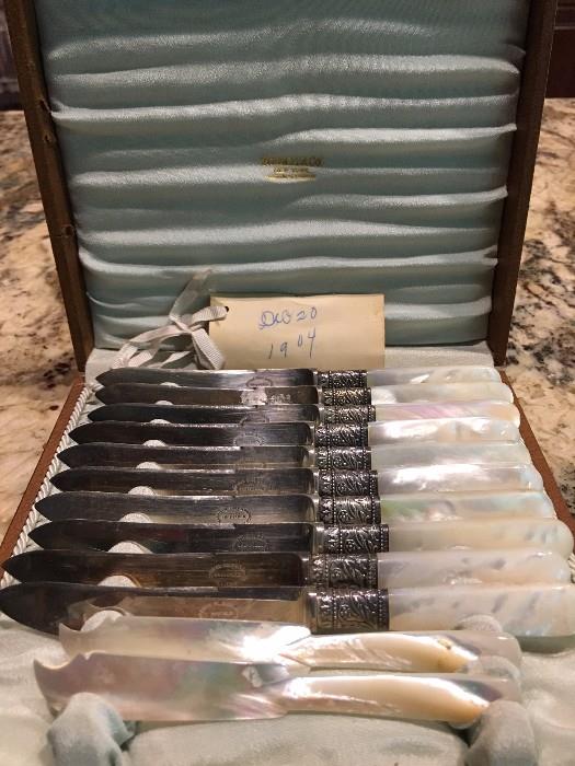 Harrison Brothers & Howson - Sheffield England - Butter Knives w/ Mother of Pearl Handles in Tiffany & Co. Box