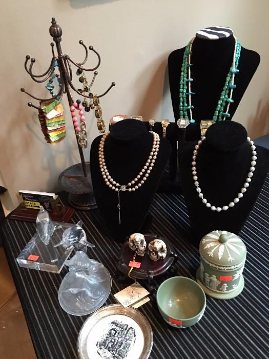 Pearl Necklaces, Turquoise, Wedgewood Sacrifice Bowl, New Orleans Coin Tray, Lead Crystal Dolphin, Baccarat Dolphin