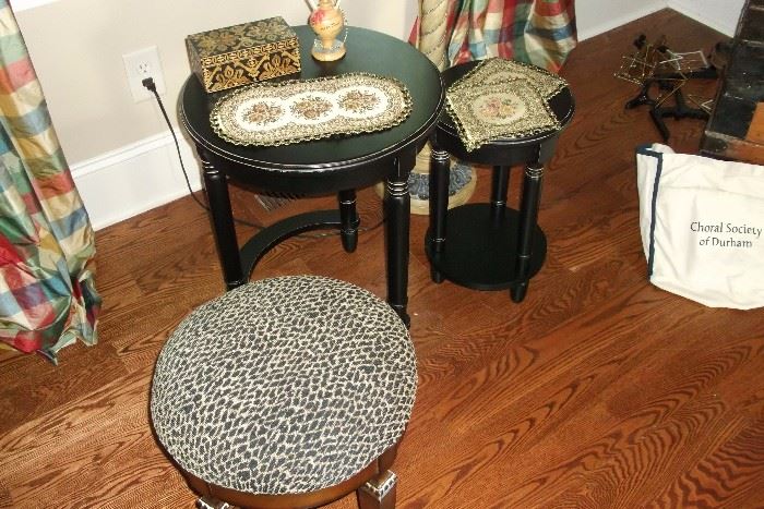 Black nesting tables and vintage leopard print stool