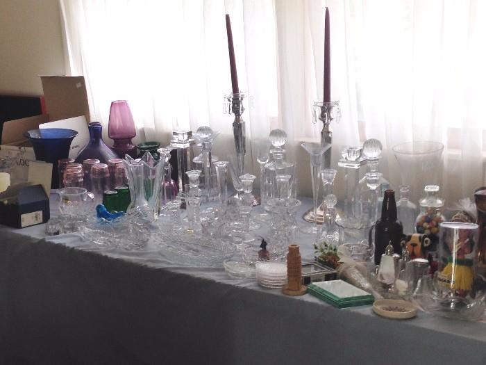 Glassware galore! Waterford, Towle, Orrefors, Block, cut glass, depression glass, decanters, candleholders, and more!