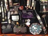 Antique Eye Glasses, Cuff Links, antique medicine bottle, watches