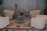 4 Upholstered Swivel Chairs with Contemporary Coffee Table, Pedestals & Urn