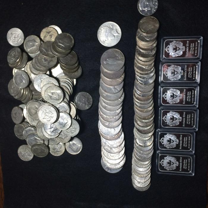 Silver bars, 90% pre-1965 and a pile of 40% 1965-70 halves