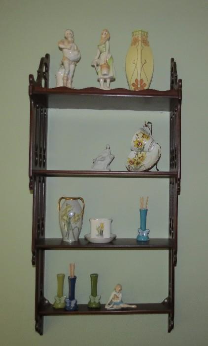 vintage wooden display shelves - Royal Doulton, porcelain pieces