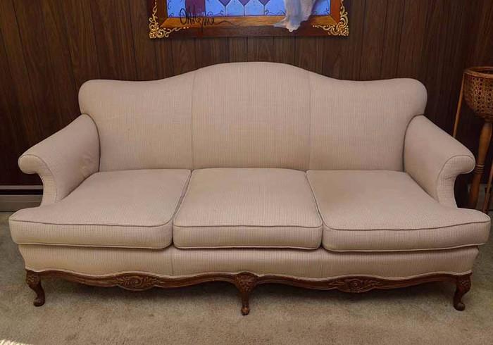 Victorian 3-Seat Camelback Sofa with Carved Wood Details