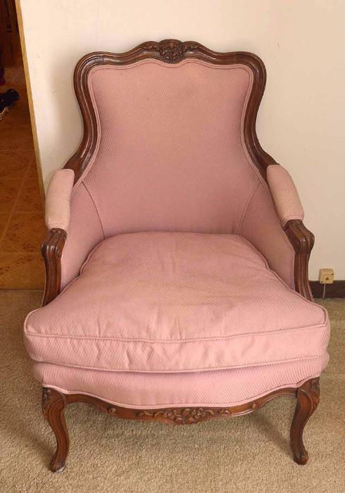 Victorian Armchair with Pink Upholstery & Carved Wood Details