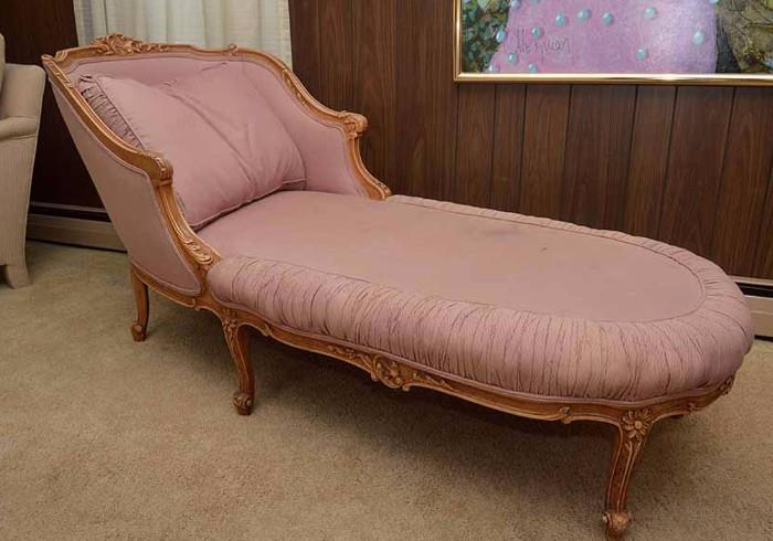 Victorian Chaise Lounge with Pink Upholstery & Carved Wood Details