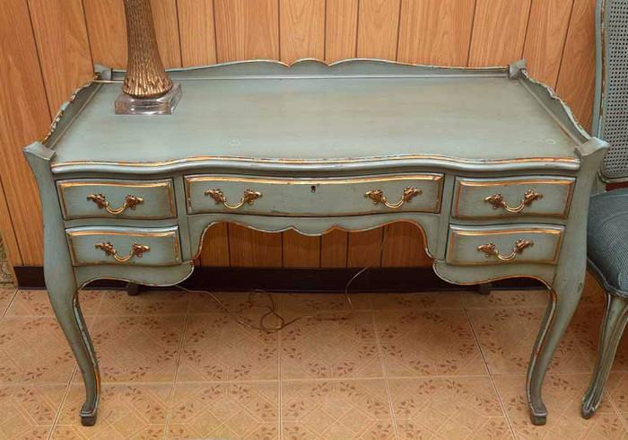 Vintage Queen Anne / French Provincial Desk (French Blue with Gold Accents)