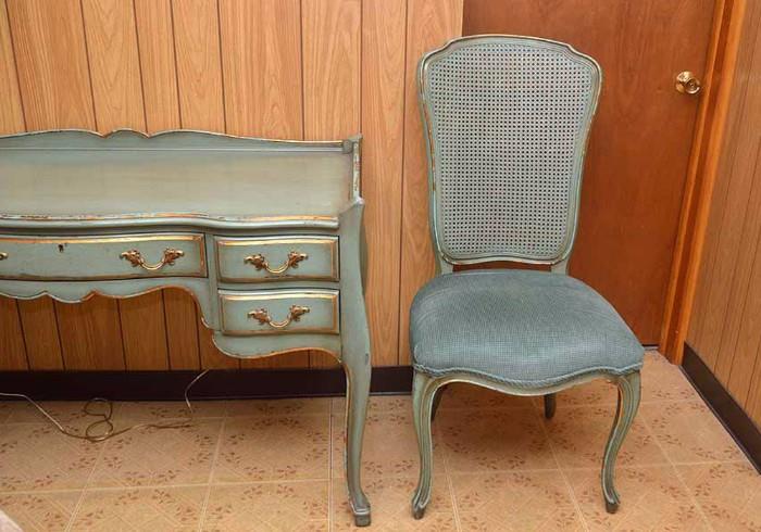 French Provincial Cane Back Chair with Upholstered Seat (French Blue)