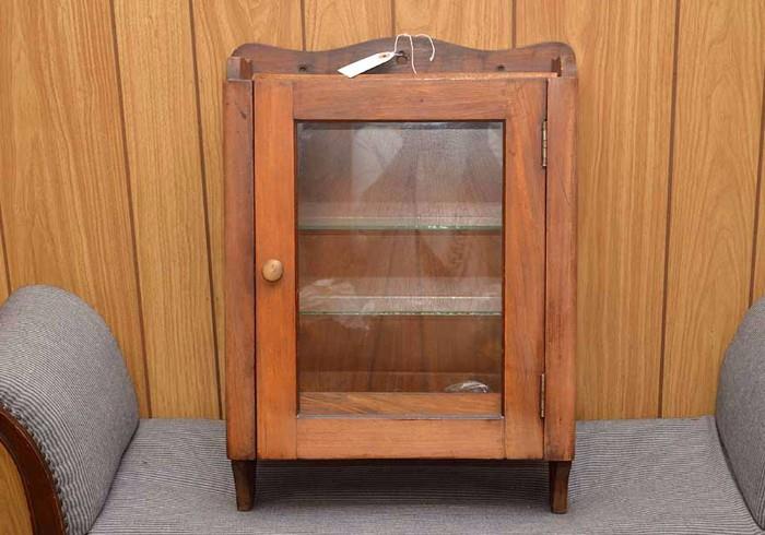 Primitive Antique Wood Medicine Cabinet with Glass Door & Shelves