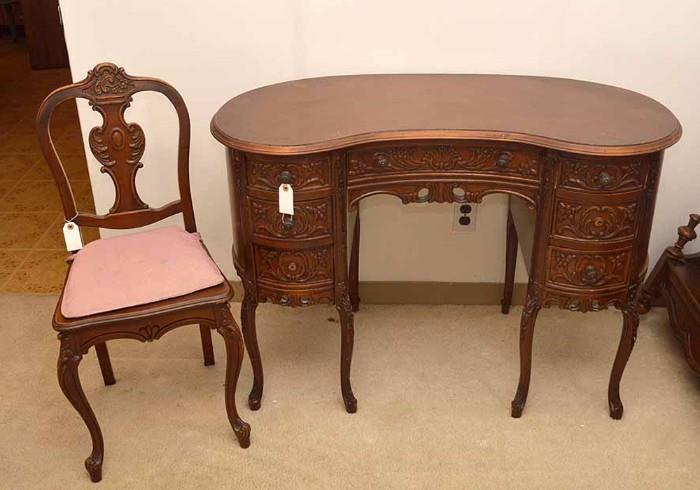 Antique Kidney Shaped Desk with Chair (Beautiful Carved Details)