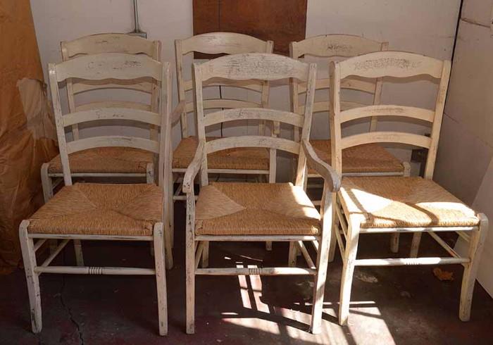 Cottage Chic! White Crackle Painted Chairs with Rush Seats, Set of 4 with 2 Captain's Chairs (6 Total)