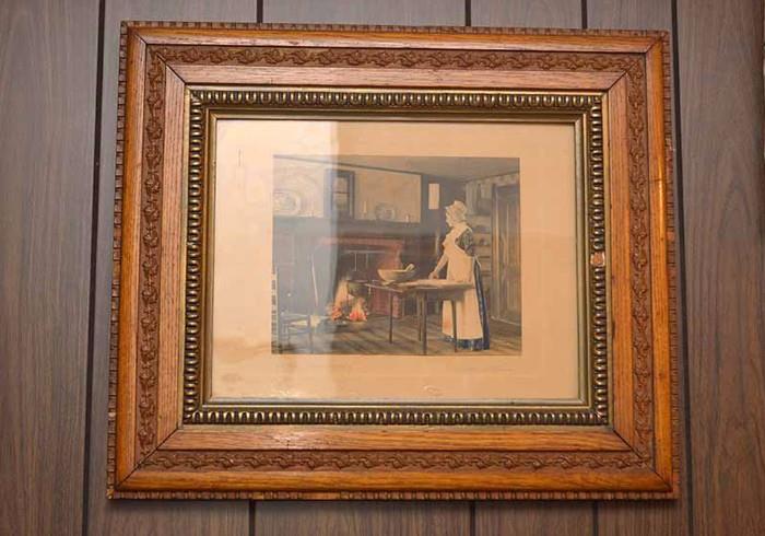 Antique Framed Hand-Colored Litho by Wallace Nutting titled "Is the Fire Ready?"