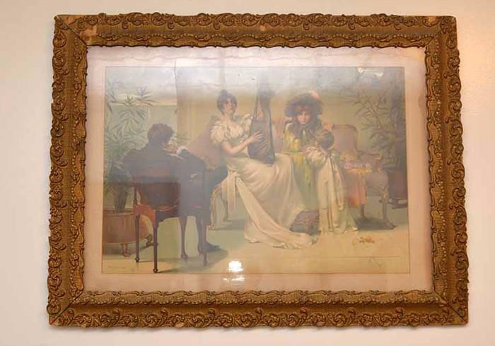 Antique Framed Print - Victorian Musician Entertaining Guests in Parlor