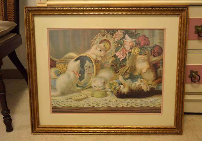 Framed Colored Lithograph of Kittens & Roses