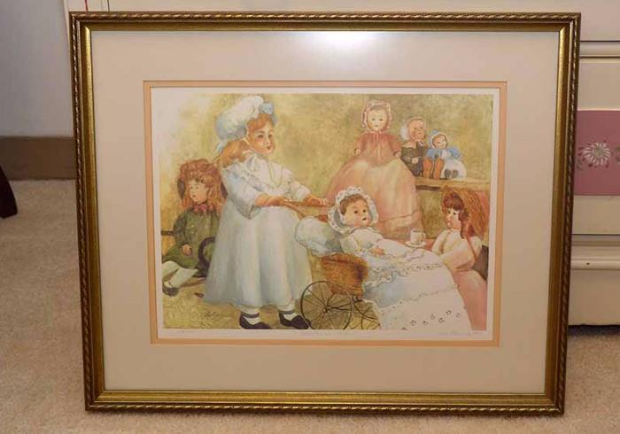 Limited Edition Colored Lithograph of Little Girl with Dolls - Framed, Signed & Numbered