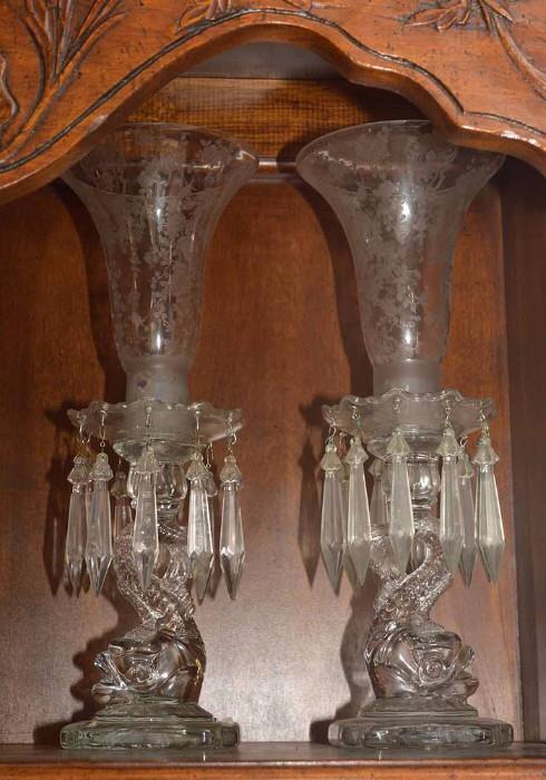 Incredible Cambridge Rose Point Hurricane Candle Holders with Dolphin Base