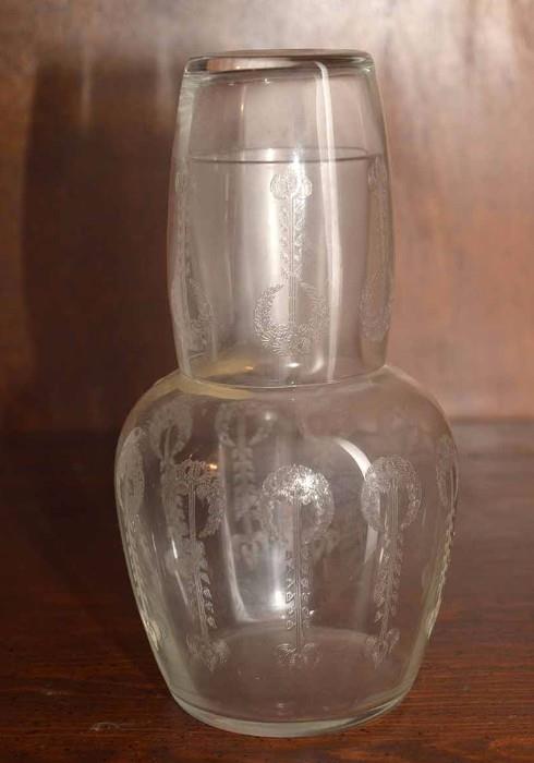 Antique Etched Glass Decanter with Shot Glass Top